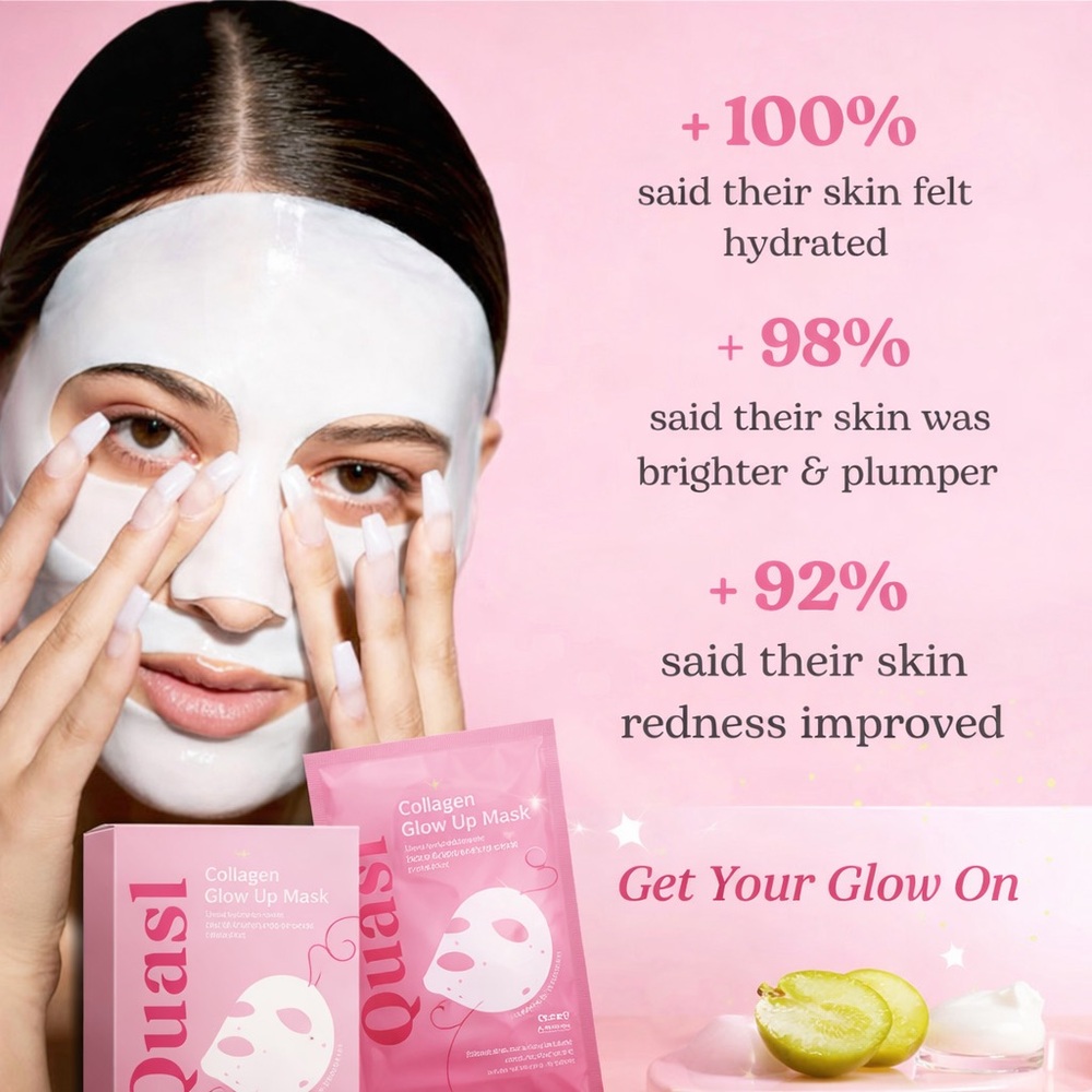 Quasi Collagen Glow Up Sheet Mask Set (3 Pack) Anti-Aging Facial Masks NEW - Picture 2 of 9